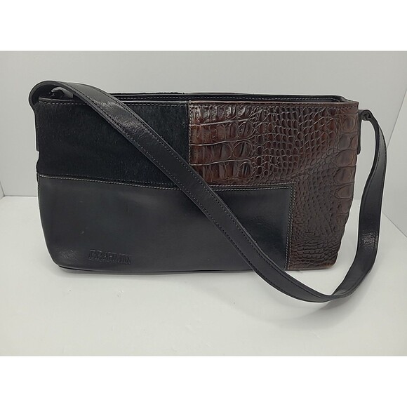 Brahmin Luxury Croc Embossed Two Tone Leather Shoulder Bag Purse Brown Black - Picture 1 of 13